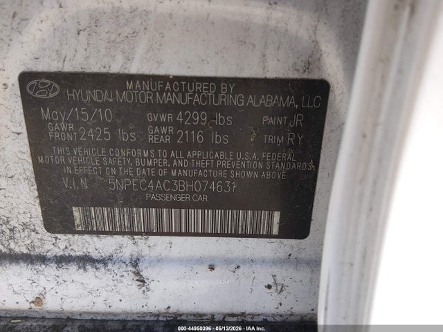 2011 Hyundai Sonata Se მანქანა იყიდება აუქციონზე, vin: 5NPEC4AC3BH074631, აუქციონის ნომერი: 44950396