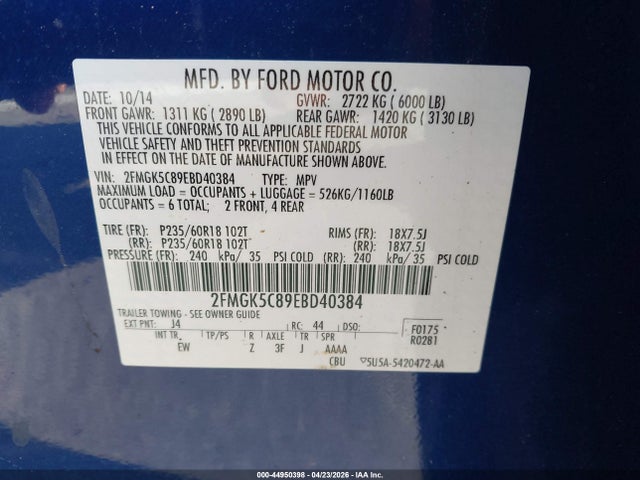 Aukcja sprzedaży 2014 Ford Flex Sel, vin: 2FMGK5C89EBD40384, numer aukcji: 44950398