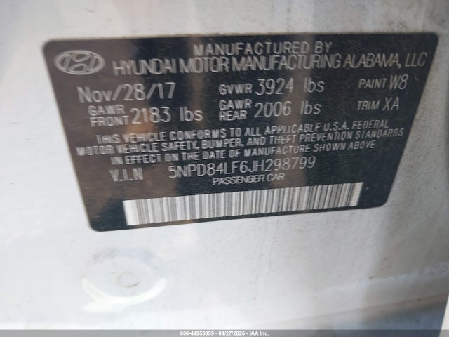 Aukcja sprzedaży 2018 Hyundai Elantra Value Edition, vin: 5NPD84LF6JH298799, numer aukcji: 44950399
