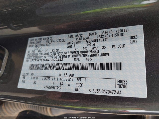 Продаж на аукціоні авто 2022 Ford F-150 Xlt, vin: 1FTFW1EDXNFB29443, номер лоту: 44950402