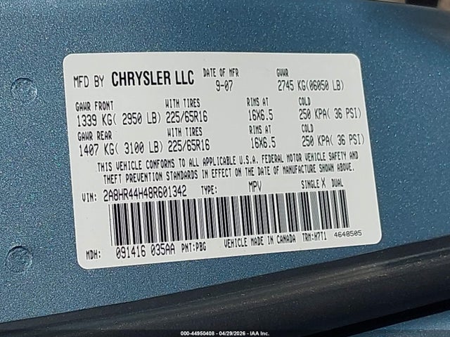 Продажа на аукционе авто 2008 Chrysler Town & Country Lx, vin: 2A8HR44H48R601342, номер лота: 44950408