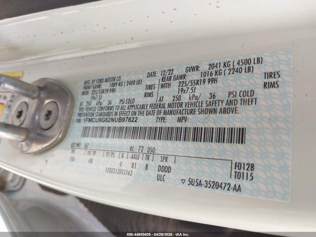Продаж на аукціоні авто 2022 Ford Escape Se, vin: 1FMCU9G62NUB97622, номер лоту: 44950409