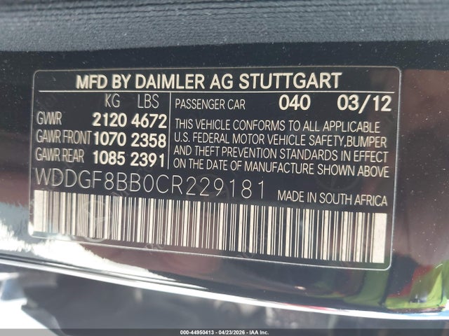 44950413 :رقم المزاد ، WDDGF8BB0CR229181 vin ، 2012 Mercedes-benz C 300 Sport 4matic مزاد بيع