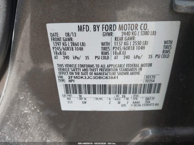 2013 Ford Edge Sel მანქანა იყიდება აუქციონზე, vin: 2FMDK3JC3DBC83841, აუქციონის ნომერი: 44950416