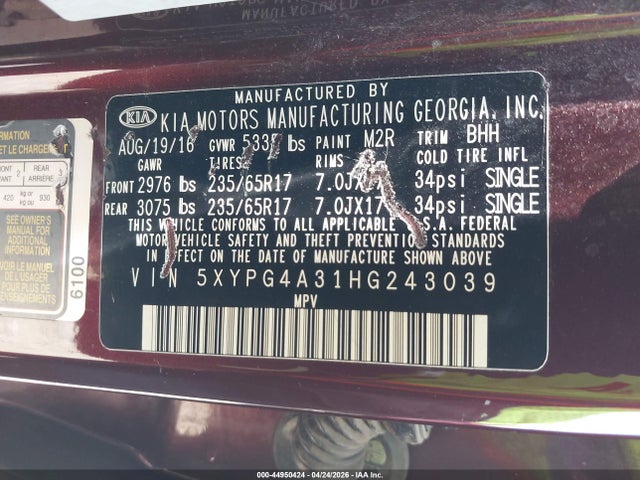 5XYPG4A31HG243039 KIA Sorento 2.4l Lx
