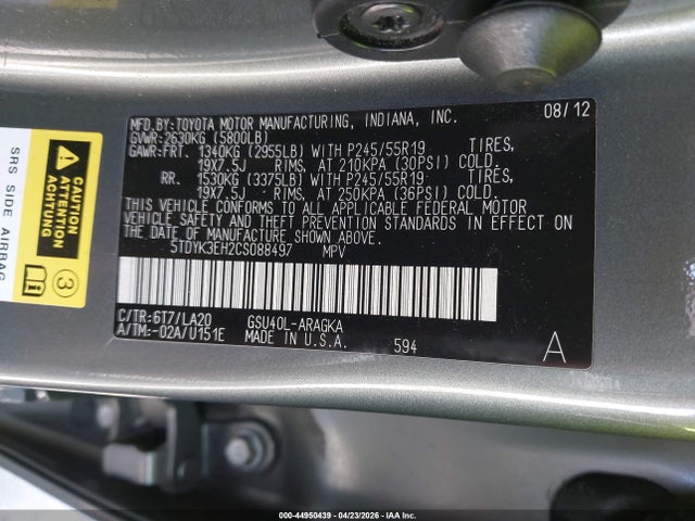 44950439 :رقم المزاد ، 5TDYK3EH2CS088497 vin ، 2012 Toyota Highlander Limited V6 مزاد بيع