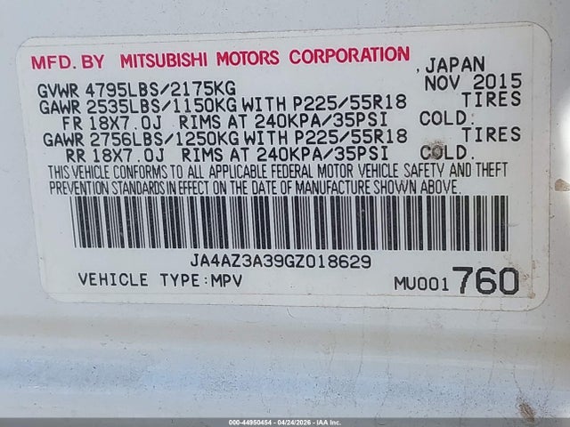 Продаж на аукціоні авто 2016 Mitsubishi Outlander Es, vin: JA4AZ3A39GZ018629, номер лоту: 44950454