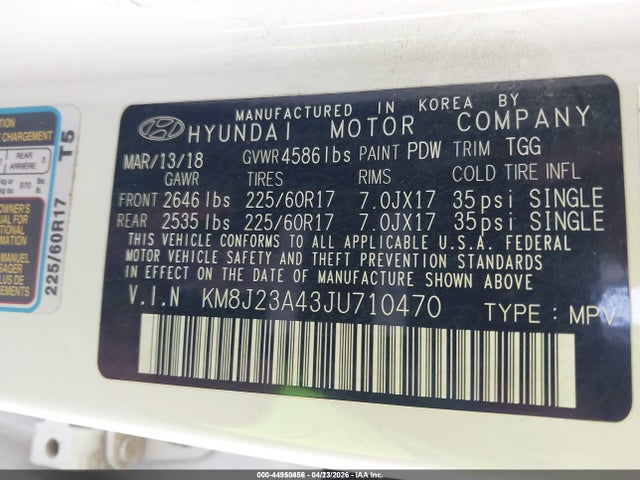KM8J23A43JU710470 Hyundai TUCSON SE