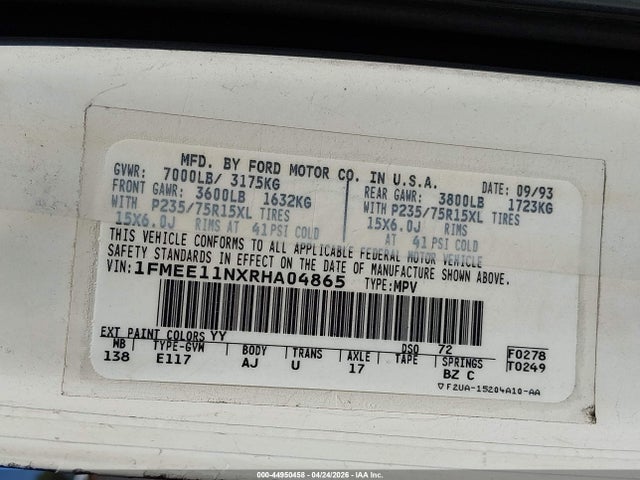 Aukcja sprzedaży 1994 Ford Econoline E150, vin: 1FMEE11NXRHA04865, numer aukcji: 44950458