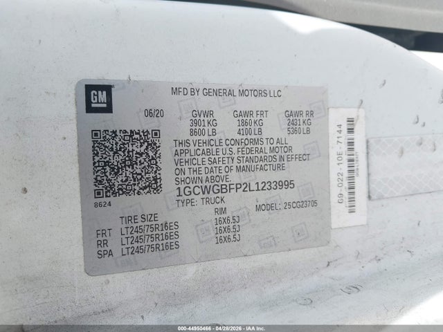 Auction sale of the 2020 Chevrolet Express Cargo Rwd 2500 Extended Wheelbase Wt, vin: 1GCWGBFP2L1233995, lot number: 44950466