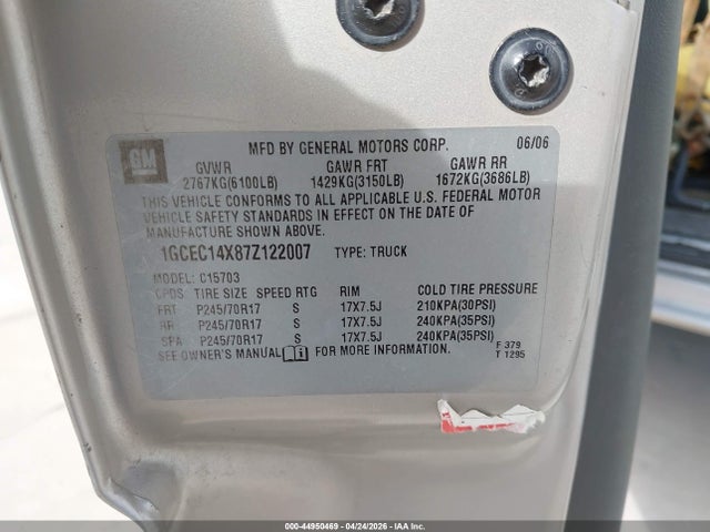 Продажа на аукционе авто 2007 Chevrolet Silverado 1500 Classic Work Truck, vin: 1GCEC14X87Z122007, номер лота: 44950469