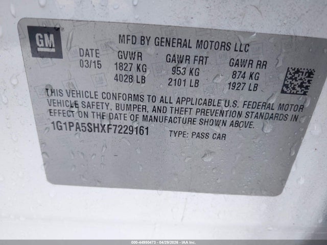 2015 Chevrolet Cruze Ls Auto მანქანა იყიდება აუქციონზე, vin: 1G1PA5SHXF7229161, აუქციონის ნომერი: 44950473