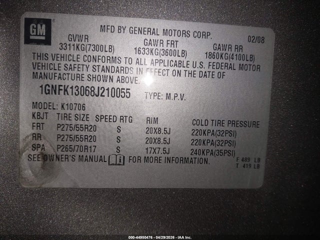 Продажа на аукционе авто 2008 Chevrolet Tahoe Ltz, vin: 1GNFK13068J210055, номер лота: 44950476