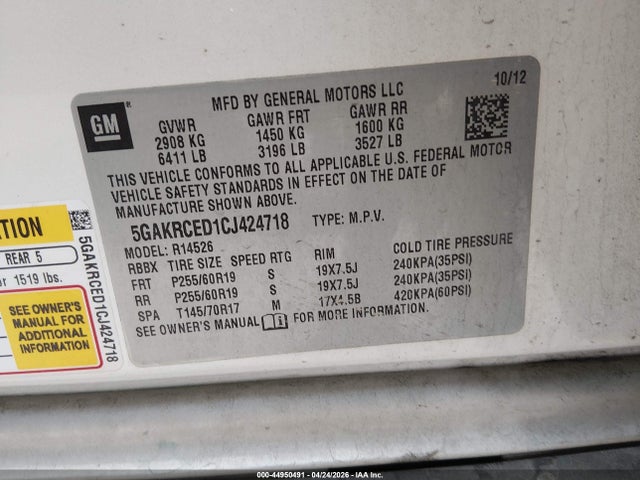 Продаж на аукціоні авто 2012 Buick Enclave Leather, vin: 5GAKRCED1CJ424718, номер лоту: 44950491