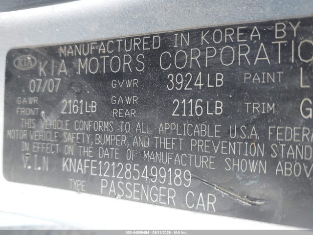 44950494 :رقم المزاد ، KNAFE121285499189 vin ، 2008 Kia Spectra Lx مزاد بيع