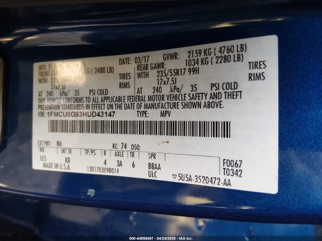 1FMCU0G93HUD43147 Ford ESCAPE SE