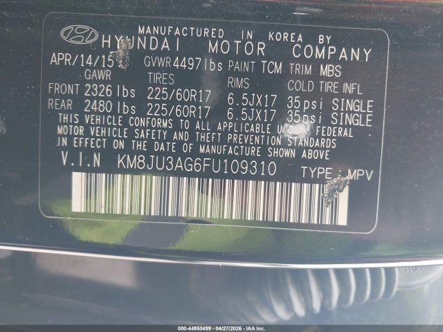 44950499 :رقم المزاد ، KM8JU3AG6FU109310 vin ، 2015 Hyundai Tucson Se مزاد بيع