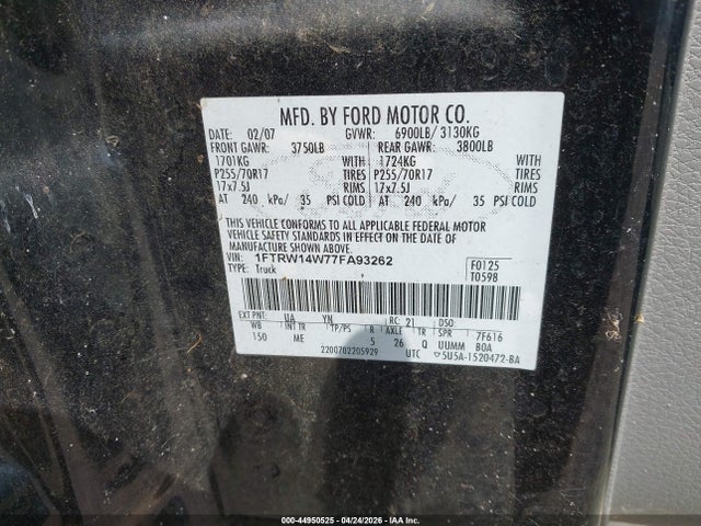 44950525 :رقم المزاد ، 1FTRW14W77FA93262 vin ، 2007 Ford F-150 Xlt مزاد بيع