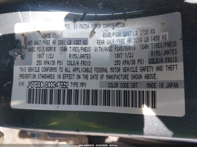 44950526 :رقم المزاد ، JM3TB3CV8C0347992 vin ، 2012 Mazda Cx-9 Touring مزاد بيع