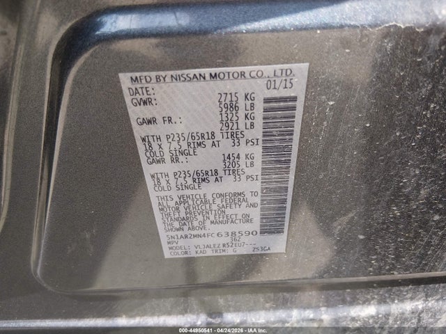 Продажа на аукционе авто 2015 Nissan Pathfinder Platinum/s/sl/sv, vin: 5N1AR2MN4FC638590, номер лота: 44950541