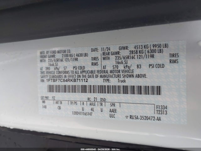 Продажа на аукционе авто 2024 Ford Transit-350, vin: 1FTBF7C84RKB71112, номер лота: 44950548