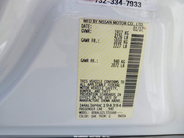 Aukcja sprzedaży 2017 Nissan Altima 2.5 S, vin: 1N4AL3AP4HC194394, numer aukcji: 44950558