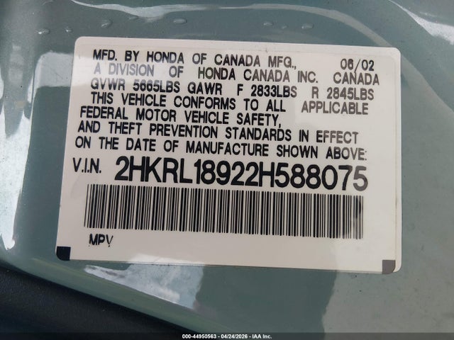 44950563 :رقم المزاد ، 2HKRL18922H588075 vin ، 2002 Honda Odyssey Ex-l مزاد بيع