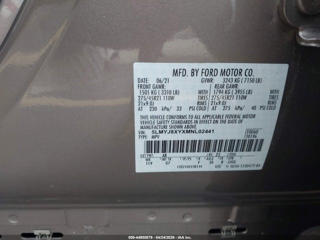 Продаж на аукціоні авто 2021 Lincoln Aviator Grand Touring, vin: 5LMYJ8XYXMNL02441, номер лоту: 44950579