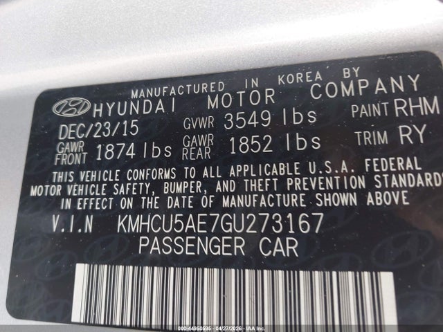 Aukcja sprzedaży 2016 Hyundai Accent Sport, vin: KMHCU5AE7GU273167, numer aukcji: 44950595