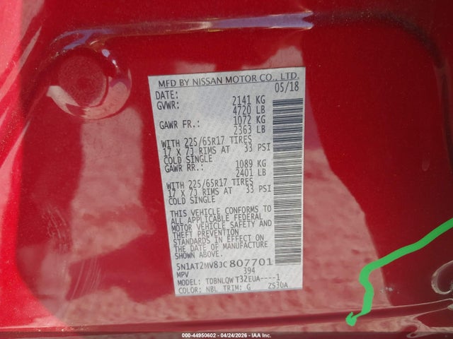 2018 Nissan Rogue Sv მანქანა იყიდება აუქციონზე, vin: 5N1AT2MV8JC807701, აუქციონის ნომერი: 44950602