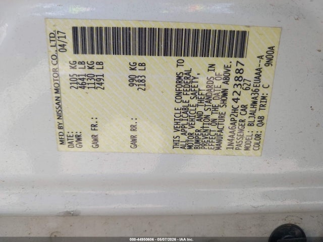 Aukcja sprzedaży 2017 Nissan Maxima 3.5 Platinum, vin: 1N4AA6AP2HC423887, numer aukcji: 44950606