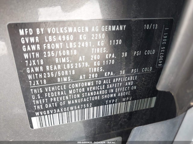 Продаж на аукціоні авто 2014 Volkswagen Tiguan Sel, vin: WVGBV3AX0EW547552, номер лоту: 44950628