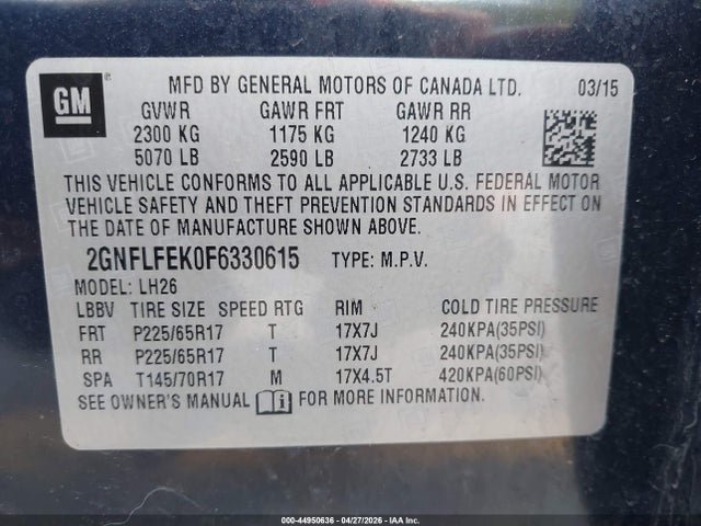 2015 Chevrolet Equinox 1lt მანქანა იყიდება აუქციონზე, vin: 2GNFLFEK0F6330615, აუქციონის ნომერი: 44950636
