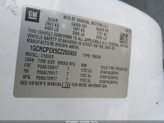 2012 Chevrolet Silverado 1500 Work Truck მანქანა იყიდება აუქციონზე, vin: 1GCNCPEX5CZ280493, აუქციონის ნომერი: 44950642