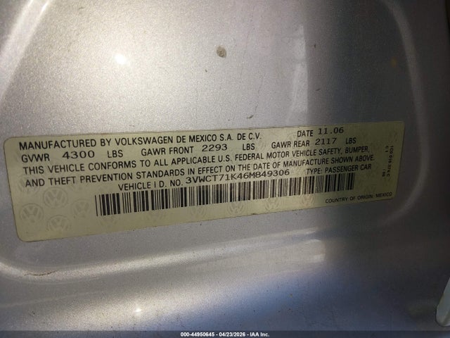 Aukcja sprzedaży 2006 Volkswagen Jetta Diesel, vin: 3VWCT71K46M849306, numer aukcji: 44950645