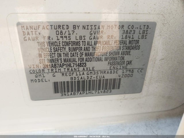 Продаж на аукціоні авто 2017 Nissan Sentra Sv, vin: 3N1AB7AP1HL714823, номер лоту: 44950647