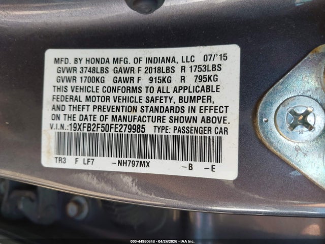 44950648 :رقم المزاد ، 19XFB2F50FE279985 vin ، 2015 Honda Civic Lx مزاد بيع