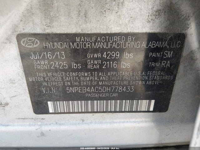 44950660 :رقم المزاد ، 5NPEB4AC5DH778433 vin ، 2013 Hyundai Sonata Gls مزاد بيع