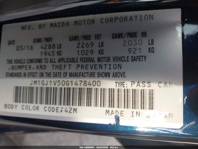 Продаж на аукціоні авто 2016 Mazda Mazda6 I Touring, vin: JM1GJ1V50G1478400, номер лоту: 44950671