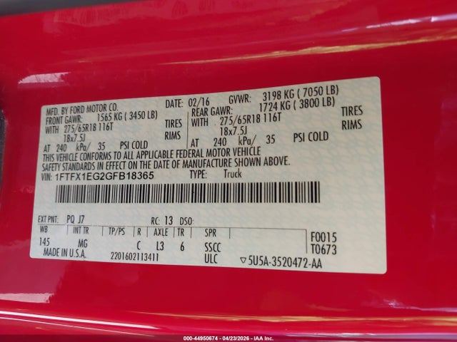 44950674 :رقم المزاد ، 1FTFX1EG2GFB18365 vin ، 2016 Ford F-150 Xlt مزاد بيع