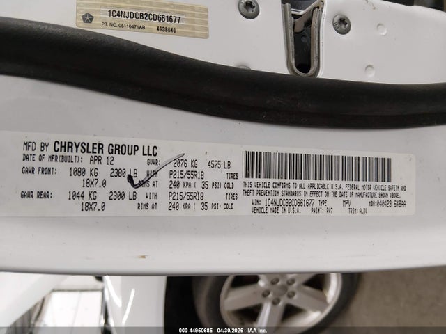 44950685 :رقم المزاد ، 1C4NJDCB2CD661677 vin ، 2012 Jeep Compass Limited مزاد بيع