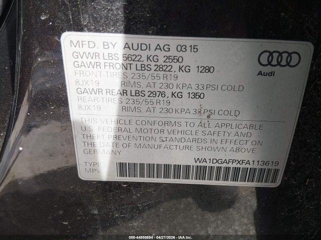 44950694 :رقم المزاد ، WA1DGAFPXFA113619 vin ، 2015 Audi Q5 3.0t Premium Plus مزاد بيع