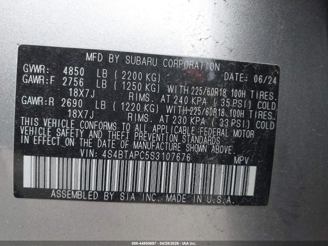 Aukcja sprzedaży 2025 Subaru Outback Touring, vin: 4S4BTAPC5S3107676, numer aukcji: 44950697