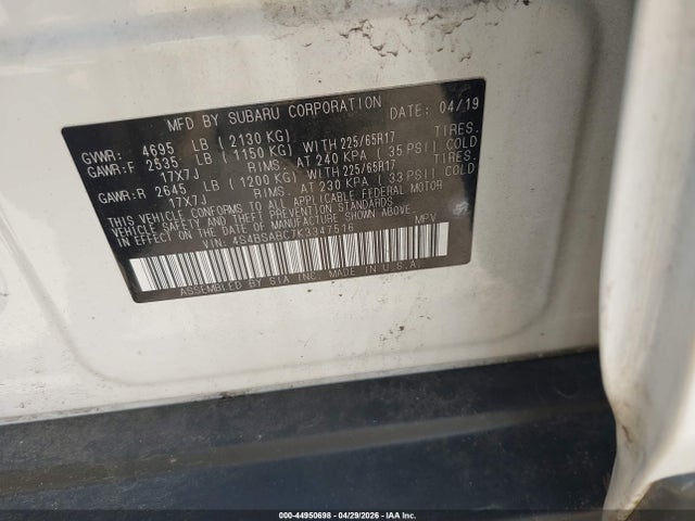 44950698 :رقم المزاد ، 4S4BSABC7K3347516 vin ، 2019 Subaru Outback 2.5i مزاد بيع