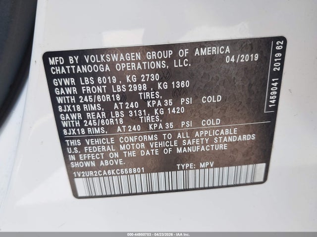 Продаж на аукціоні авто 2019 Volkswagen Atlas 3.6l V6 Se W/technology, vin: 1V2UR2CA6KC558801, номер лоту: 44950703