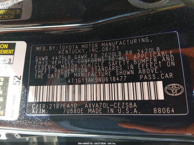 Продаж на аукціоні авто 2022 Toyota Camry Se, vin: 4T1G11AK9NU618477, номер лоту: 44950710