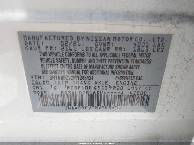 Продажа на аукционе авто 2021 Nissan Sentra Sv Xtronic Cvt, vin: 3N1AB8CV2MY245434, номер лота: 44950729
