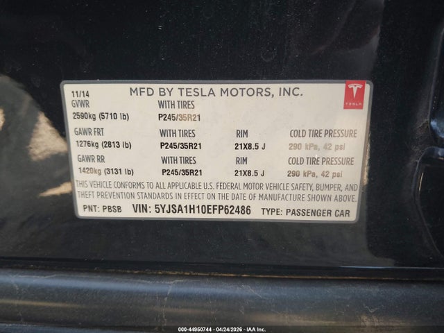 Продажа на аукционе авто 2014 Tesla Model S P85, vin: 5YJSA1H10EFP62486, номер лота: 44950744