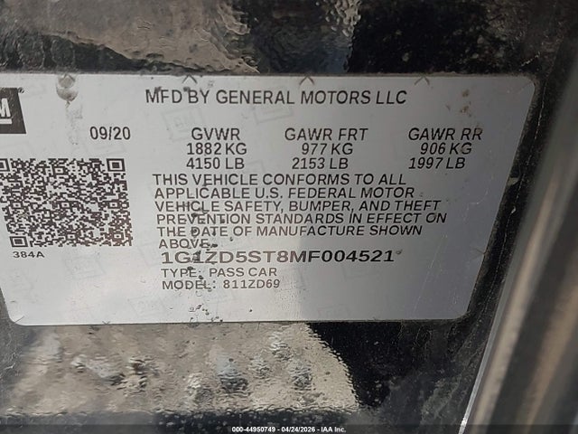 Продажа на аукционе авто 2021 Chevrolet Malibu Fwd Lt, vin: 1G1ZD5ST8MF004521, номер лота: 44950749