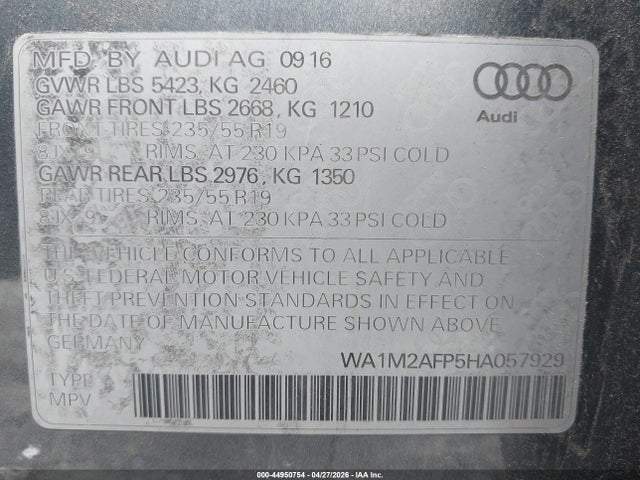 44950754 :رقم المزاد ، WA1M2AFP5HA057929 vin ، 2017 Audi Q5 2.0t Premium مزاد بيع